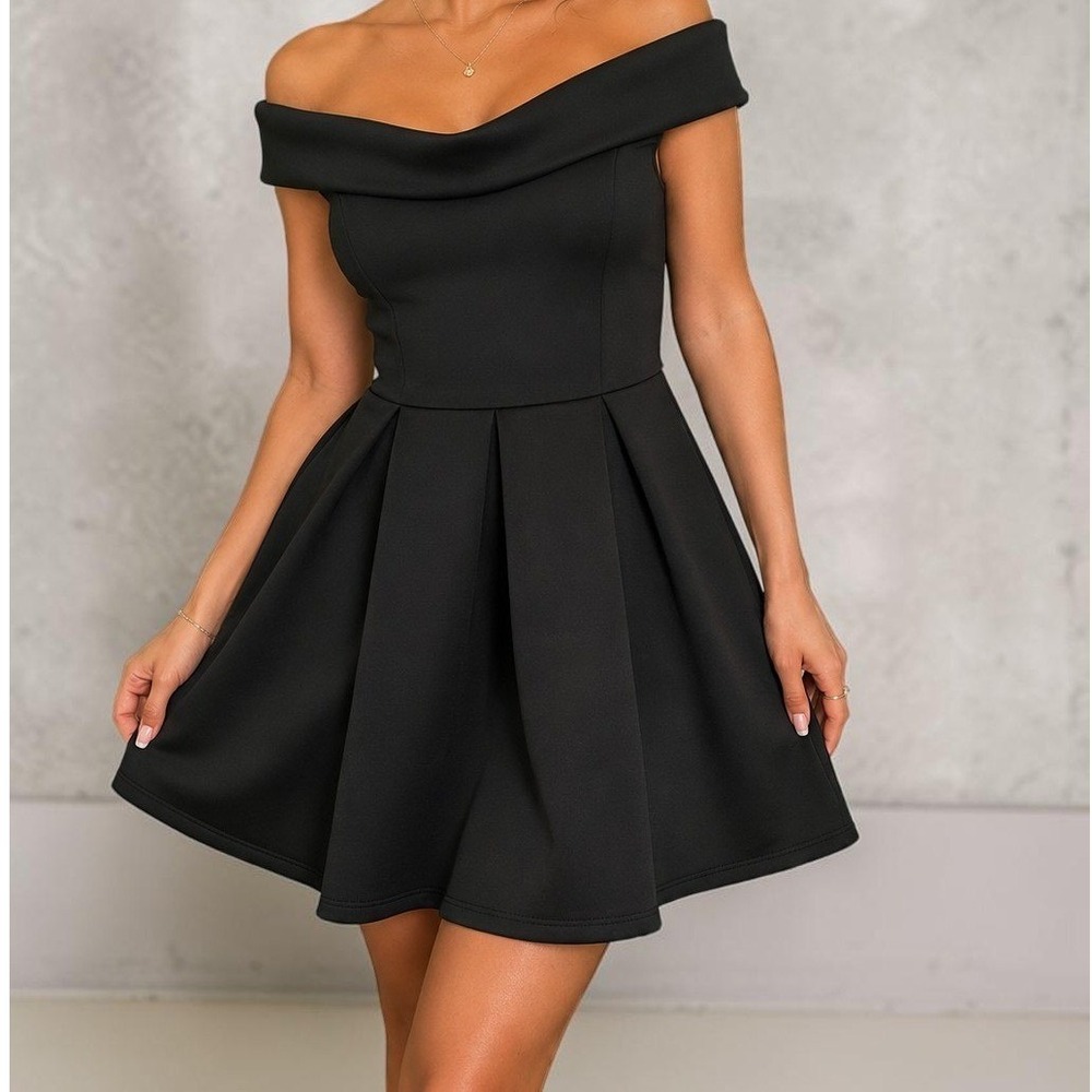 Charlotte Russe Black Off Shoulder Scuba Fit Flare Dress S RO5-R4471-B